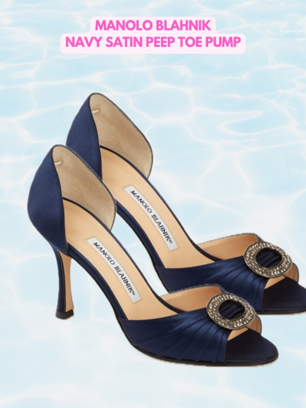 Manolo Blahnik Navy Satin Peep Toe Pump